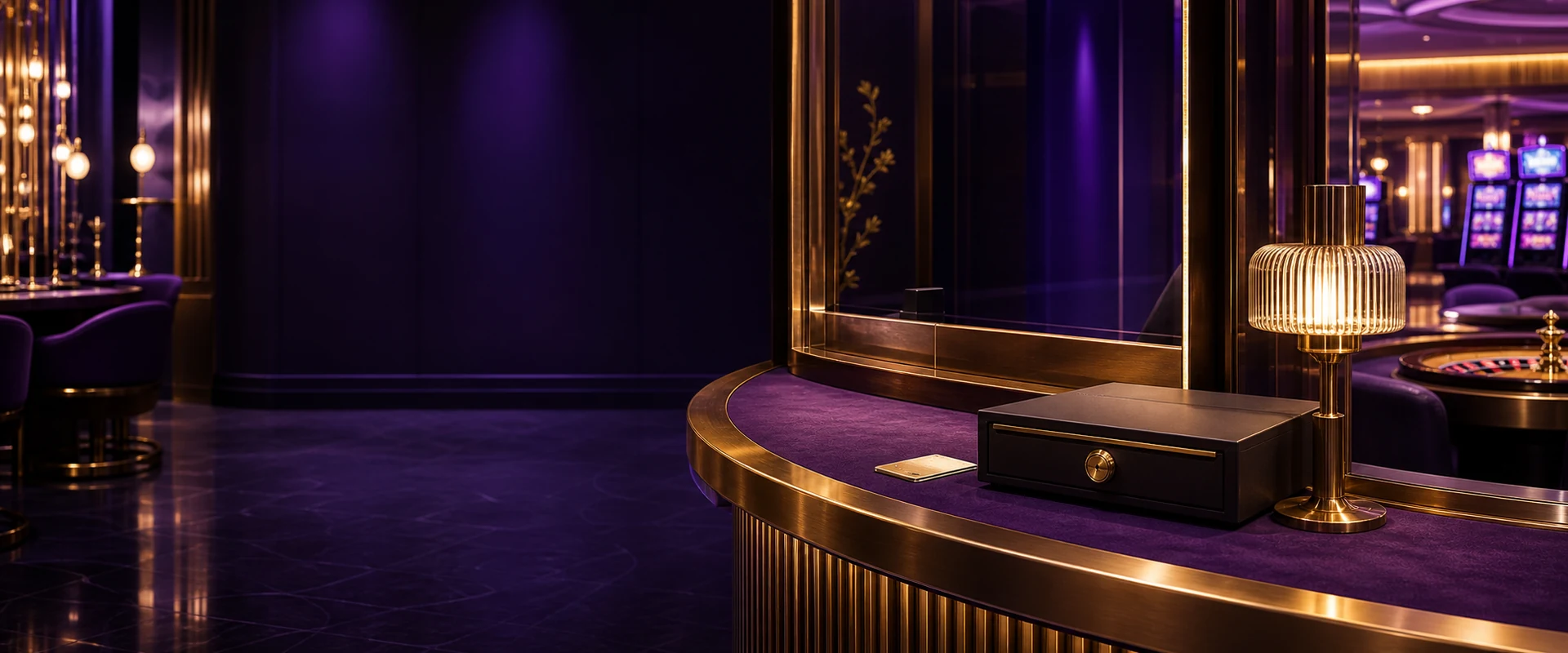 Paarse casino-kassier met een gesloten betaalbox en gouden verlichting